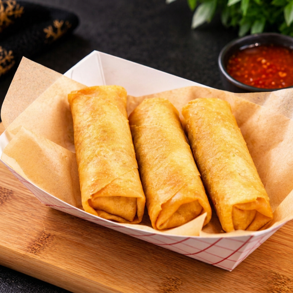 Three golden spring rolls served in a paper-lined basket with spicy dipping sauce on a wooden board.
