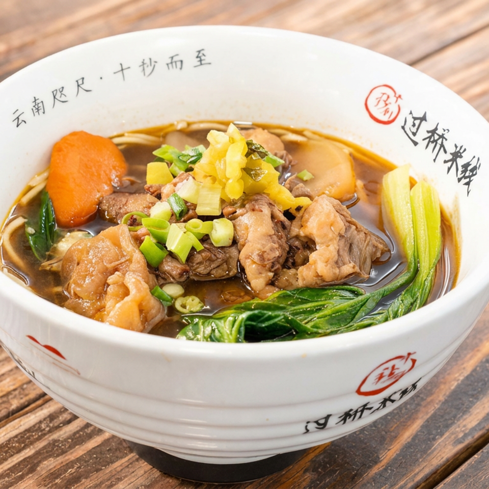 Bowl of Chinese beef noodle soup topped with braised beef, greens, carrots, corn, and scallions on a wooden table.