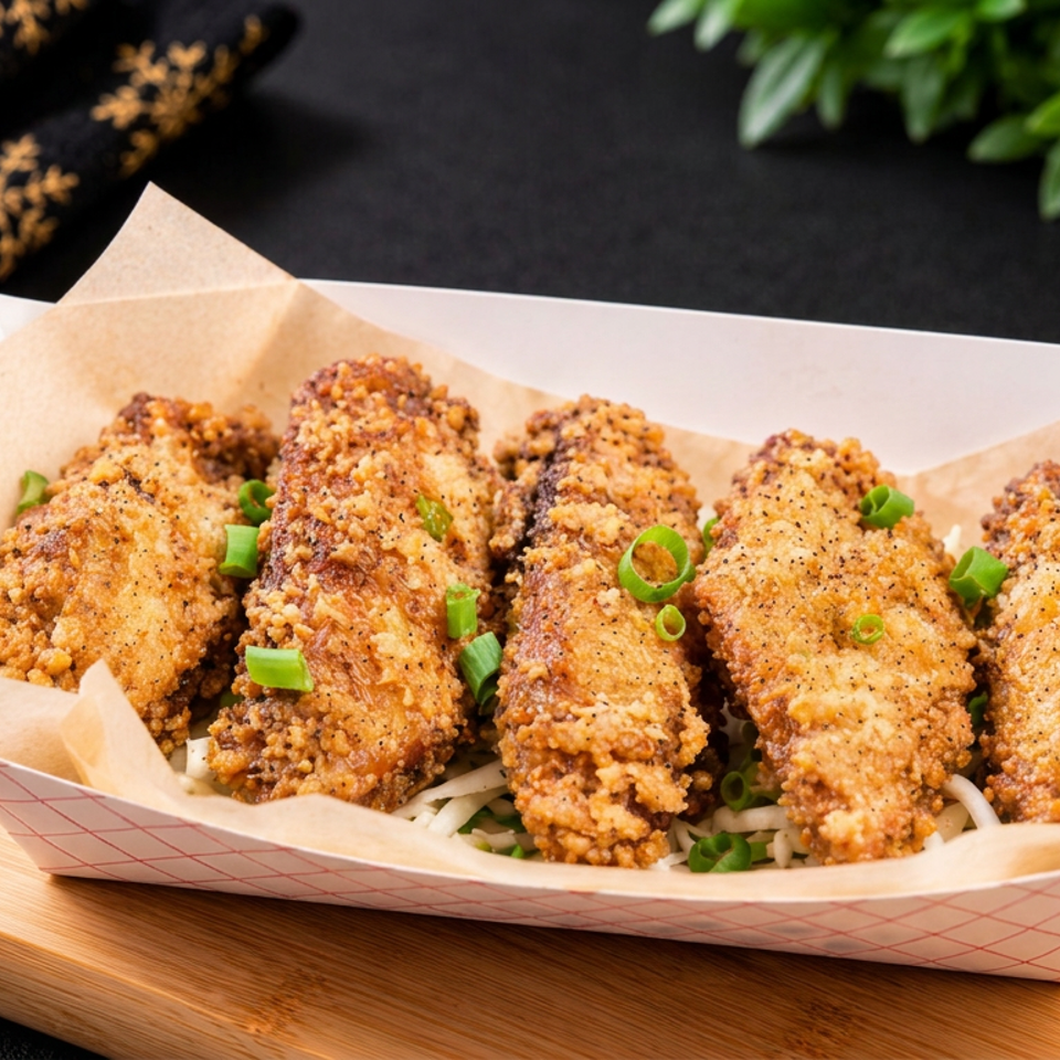 Crispy fried chicken wings garnished with green onions, served in a paper tray over shredded cabbage on a wooden board.