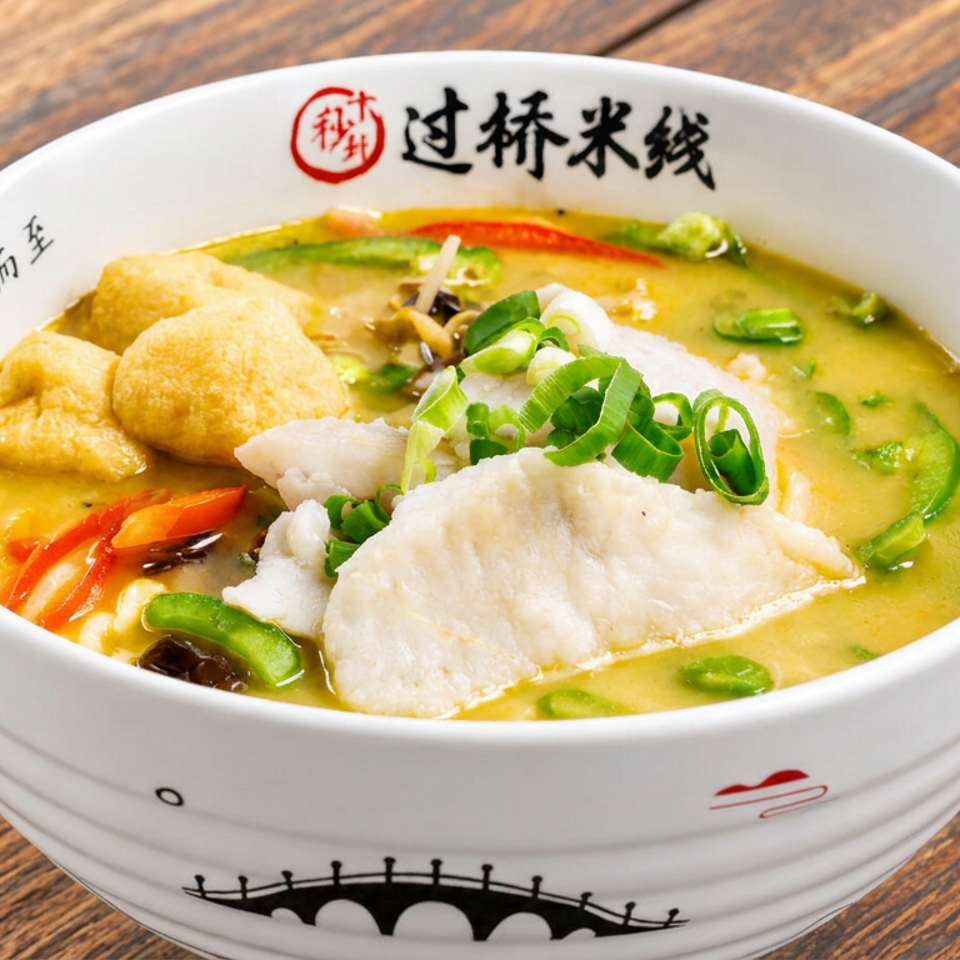 Bowl of Taiwanese rice noodles in savory broth topped with fish, tofu puffs, vegetables, and green onions on a wooden table.