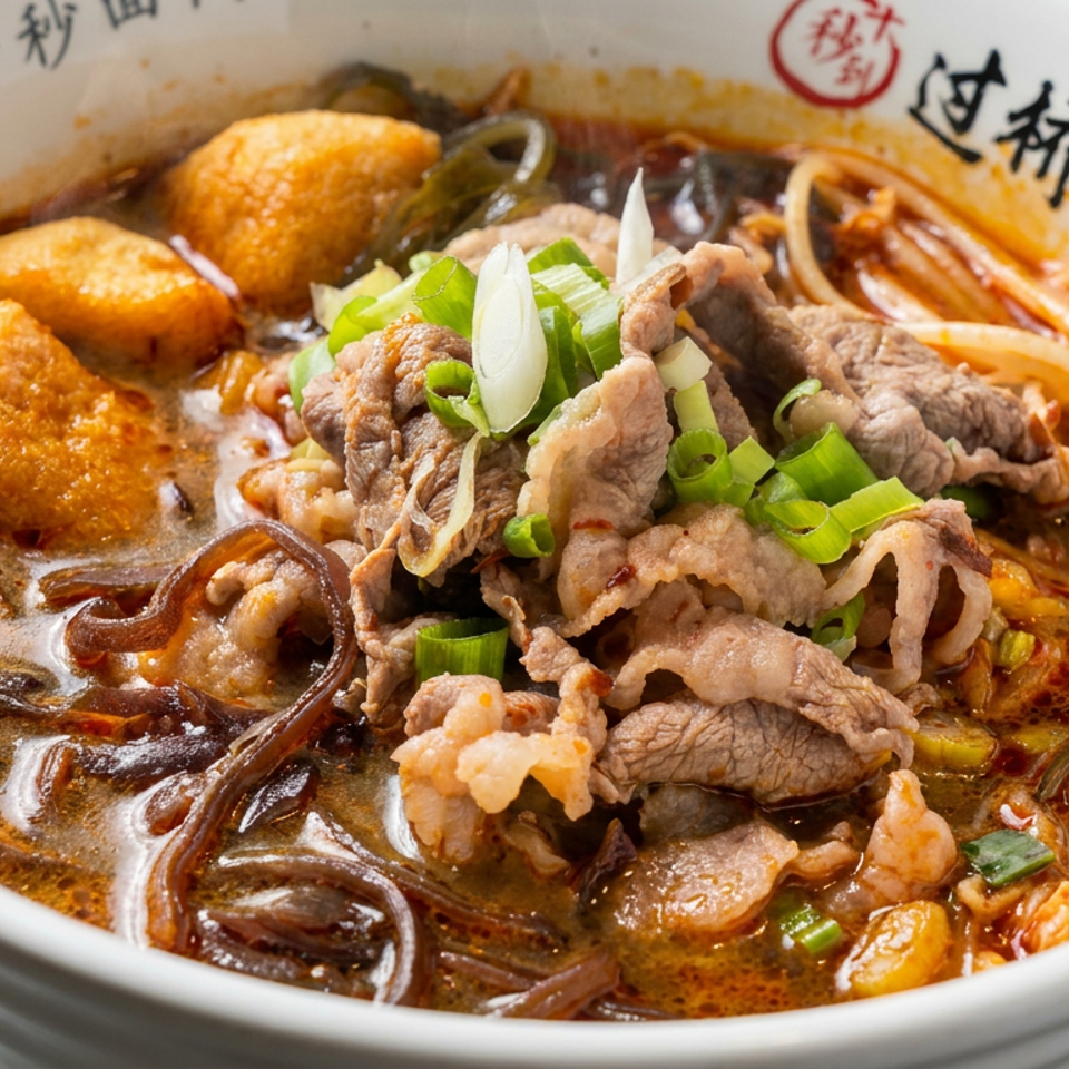 Bowl of spicy Chinese rice noodles topped with sliced beef, fish cakes, mushrooms, vegetables, and scallions.