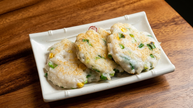 香煎玉米魚餅 Fried Fish Cake with Corn.